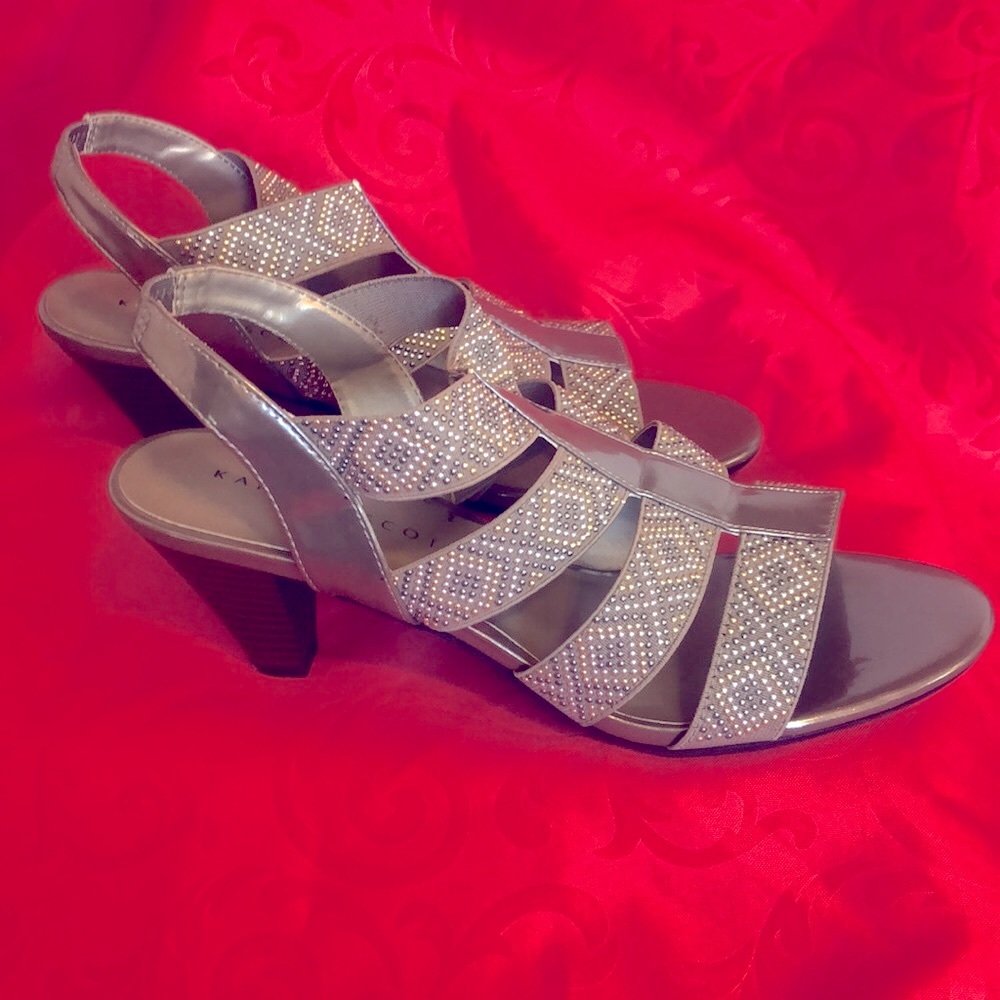 Gold, gray & silver dots on gray material sandals with 2 inch heels. Size 10M